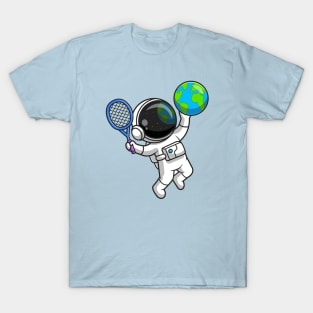 Cute Astronaut Playing Earth Globe Tennis Cartoon T-Shirt